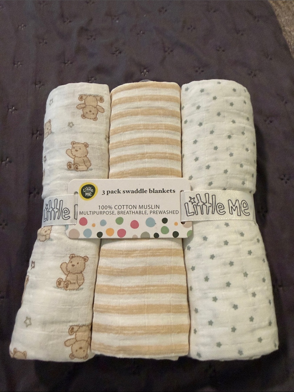 Little Me 3-Pack Cotton Muslin Swaddle Blankets in Beige, White, and Green